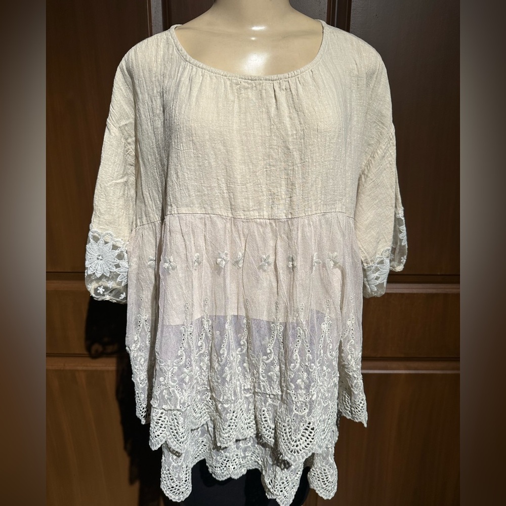 Cream Flutter Sleeve Tunic with Embellished Neckline